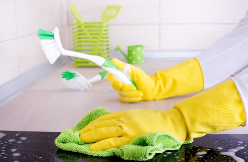 Cleaner wearing PPE during a carpet cleaning job